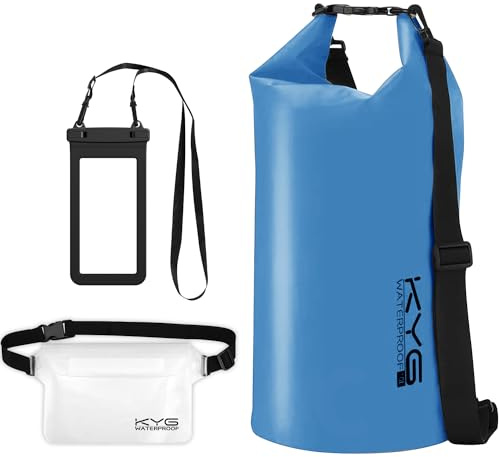 KYG Mochila Estanca Impermeable 5L/10L/20L para Playa y Deportes al Aire Kayak Senderismo Esquí Pesca Escalada 20L Azul Claro, Set con Funda de Móvil y Bolsa Seca de Cintura