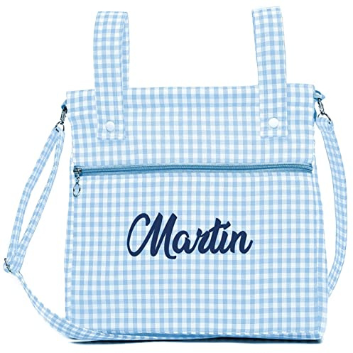 Bolsa panera de algodón vichy personalizada con nombre bordado - Bolso carro - Talega carrito de bebé - Nenel