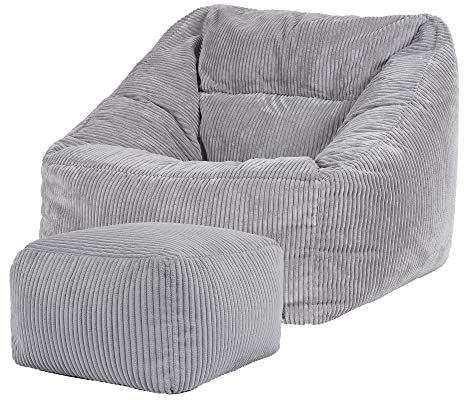 Icon Natalia Sitzsack Sessel mit Hocker für Erwachsene, Grau, Flauschiger Cord Stoff, Riesen Sitzsack Cord mit Füllung, Bean Bag Chair, Bequemer Sessel Wohnzimmer, Lounge, Schlafzimmer, Büro