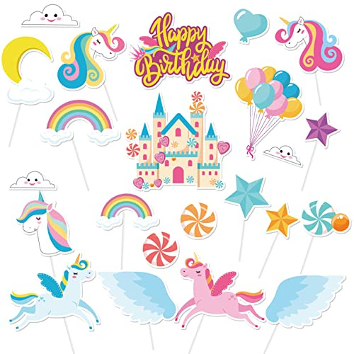 DPKOW 23pcs Einhorn Geburtstag Tortendeko Cake Topper für Kinder Mädchen, Regenbogen Cupcake Topper für Einhorn Geburtstag Kuchen Deko Tischdeko Fondant Muffins