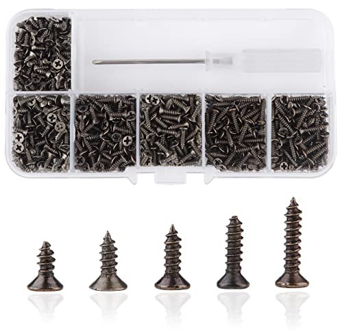 Roosea Petites Vis à Bois 1000 Pièces Mini Autotaraudeuses M2 Tête Plate Micro Visserie Bronze (5-10mm)