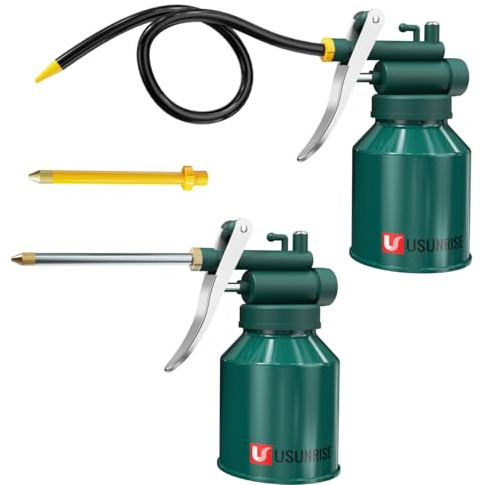 2 Sets Green Metal Oil Can with 3 Spouts-9 in. Flexible,3 in. Straight for lubricating Machinery, Automotive Parts, and Other Equipment requiring Precise oiling