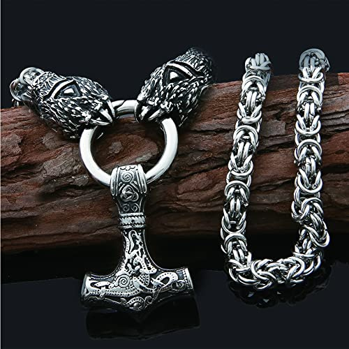 Men's Viking Thor's Hammer Mjölnir with Celtic Bear Claw Pendant Necklace, Nordic Solid Stainless Steel Wolf King Chain Jewelry Punk Gift,Round Chain,50cm