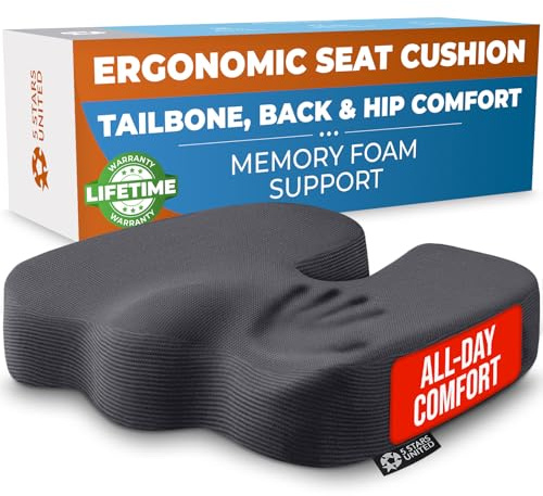 5 STARS UNITED Seat Cushion for Tailbone Pain Relief – Memory Foam Cushion for Coccyx, Hip, Hemorrhoid, Sciatica & Post-Surgery Recovery – Wheelchair, Car, Desk, Gaming & Office Chairs, D Gray