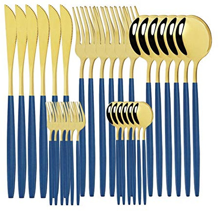 Geschirr Set 18/10 Edelstahl 30 stücke Grün Gold Besteck Set Geschirrmesser Salat Gabel Löffel Besteck Set Spülmaschine Safe essgeschirr (Color : Blue Gold)