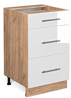 Vicco Küchenunterschrank Fame-Line, Weiß Hochglanz, 50 cm | MDF-Front · Ohne Arbeitsplatte · Höhenverstellbare Füße · Metallgriffe · Metall-Vollauszüge