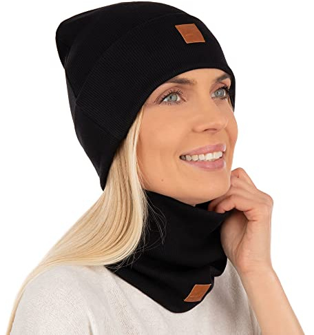 Mikos * Set da Donna Berretto & Loop Cotone Lungo Berretto Cappello con Sciarpa Loop Autunno Inverno Fantastico Caldo Elasticizzato Berretto Invernale Ragazzo Ragazza Streetwear 703, Nero