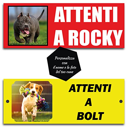 GFD - Cartello ATTENTI AL CANE - Personalizzabile con la foto ed il nome del proprio cane - Disponibile in vari sfondi di colori - Misura: 20x10cm - Made in Italy