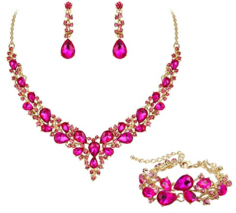 EVER FAITH Juegos de Joyas Mujer Cristal Austriaco de la Lágrima Cluster Declaración Collar Pendientes Enlace Pulsera Conjunto Boda Joyería de Novia Violeta Rojo Tono Dorado