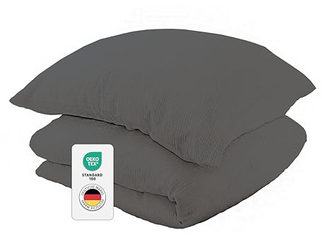 jilda-tex Bio-Bettwäsche Musselin Medina 100% Bio-Baumwolle Knitterlook Bügelfrei Uni Made in Green (Dunkelgrau, 155x220 + 80x80 cm)