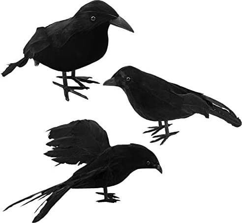 3 Pack Halloween Crows Artificial Feathered Crows Realistic Raven Birds Decorations Animal Ornament Spooky Black Feather Crow Bird for Halloween Party Prop Indoor Outdoor Home Garden Decoration Model