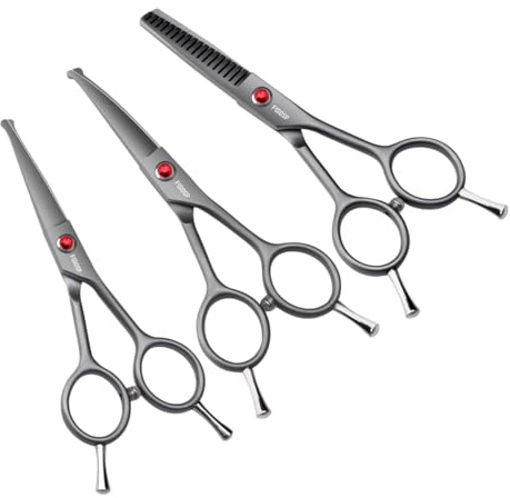 FOGOSP 4.5 Dog Grooming Scissors - 3 Pcs Curved & Straight Thinning Shears for Small Dogs & Cats - Japan 440C Stainless Steel