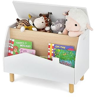 SOARS Organizador Juguetes Infatil, Baul Juguetes con Tapa Abatible, 2 Gran Espacios de Almacenamiento, Caja Juguetes para Niños con Patas de Madera de Pino, 60 x 30 x 44cm (Blanco)