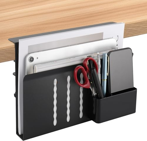 Desk Organizer, Laptop Halterung Schreibtisch Seitenaufbewahrung-Höhenverstellbarer Untertisch Desk Side Storage mit Magnetischer Stifthalter & Kühlöffnungen, Kein Bohren, Für Büro & Zuhause (Schwarz)