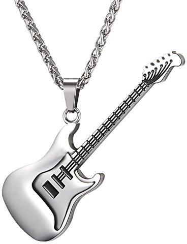 U7 Gitarre Musiker Kette Herren Edelstahl Plektron Halter Bass Anhänger Plektrum Halskette Pendant Necklace Mens Hip Hop E-Gitarre Silberkette Gitarrenanhänger Modeschmuck für Männer Jungen