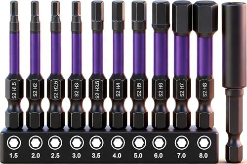 K Kwokker 11pcs 50mm Allen Key Bit Set, S2 Steel Metric Hex Head Allen Wrench Drill, 1.5MM-8MM 1/4 Hex Shank Magnetic Inner Hexagon Screwdriver Bits with 60MM Long Magnetic Bit Holder