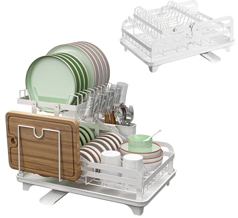 FENGZIZH 2 Tier Dish Drainer Rack with Drip Tray, Stainless Steel Draining Board Rack with Swivel Drainage Spout, Space-Saving Large Capacity White Dish Drainer for Small Kitchen Counter