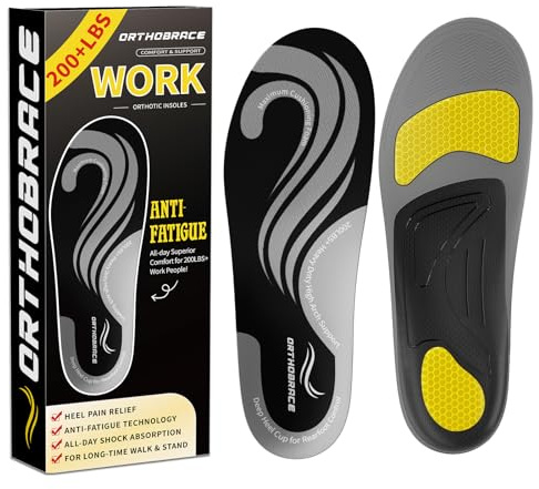 Work Insoles for Standing All Day, 200+lbs Heavy Duty High Arch Support Inserts, Foot Pain Relief for Plantar Fasciitis, Anti Fatigue,Work Boot Shoe Insoles Men Women-L(Weight Above 200 Lbs)