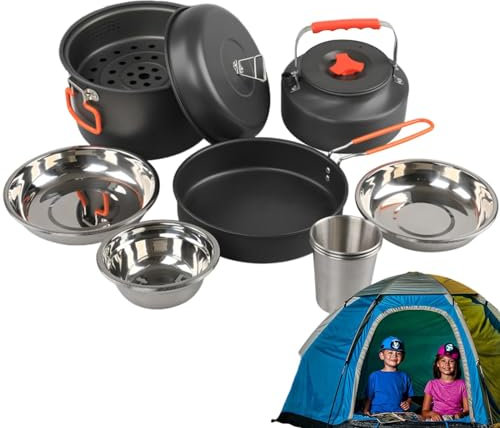 Camping-Kochgeschirr-Set, Camping-Utensilien-Kochset | Campingkochutensilien,Camping-Töpfe und Pfannen-Set, Edelstahl-Utensilien, leichtes Camp-Kochset für Camping, Rucksackreisen