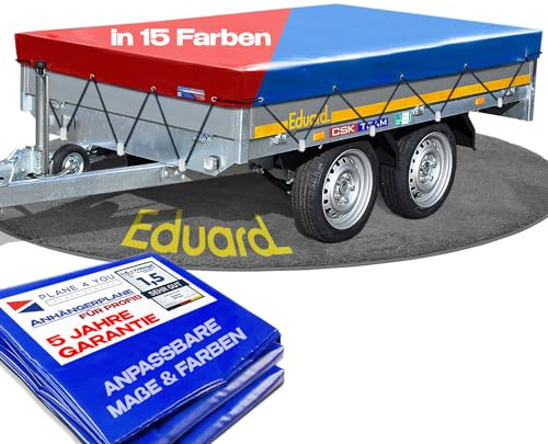 Hochwertige Eduard Anhängerplane - 330 x 180 cm Innenmaß - Anhänger Plane Anthrazit Hochglanzlackiert - Flachplane PKW-Anhänger - wasserdichte PVC Abdeckplane mit Anhänger Zubehör