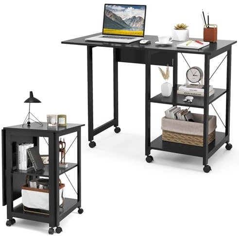 LIFEZEAL 2 in 1 Scrivania Ufficio, Scrivania Mobile Porta Computer, Piano Pieghevole, Richiudibile, con 6 Ruote, Ripiano Rimovibile, Salvaspazio, Tavolo, Postazione di Lavoro, Metallo+Legno, Max 136kg