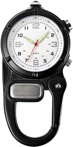 findtime Taschenuhr mit Karabiner Taschenlampe, Karabineruhren mit Clip Unisex Krankenschwester Analog Quarz Uhren Clip On für Kletterer Sport Outdoor Aktivitäten Schwarz
