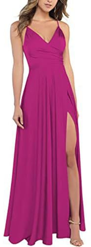 xxxiticat Vestido de mujer con escote en V y tirantes de satén para dama de honor, formal, de línea A, para baile de graduación, vestido de noche con abertura, fucsia, 3XL