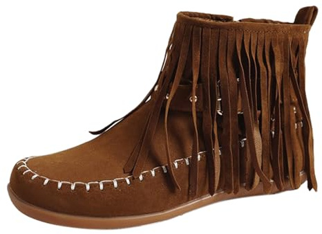 FNKDOR Stiefeletten Damen mit Seitlicher Reißverschluss Niete und Fransen Vintage Mokassin Stiefel Ankle Boots Booties Kurzstiefel (Khaki, 42)