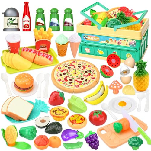 KIMIGO Cucina Giocattolo per Bambini,55 pcs Accessori Cucina Bambini,Bambini Cucina Giocattolo Educativo Gioco Ruolo,Utensili Cucina Bambini con Cibo Giocattolo Piatti Bambini Cestino Pic Nic Bambini