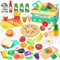 KIMIGO Kinderküche Zubehör,55 Stück Spielküche Zubehör,Spielzeug-Lebensmittel Spielset für Kinderküche,Küchenspielzeug Schneiden mit Picknickkorb Kinder,Obst Gemüse Lebensmittel ab 3 Jahr