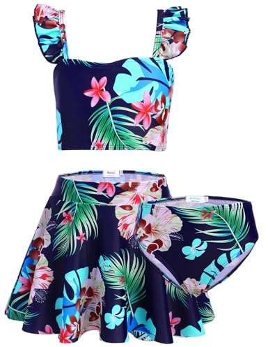 Arshiner Flicka bikiniset 3 st barn blommor sjöjungfru baddräkt volanger tankini med kjol badmode baddräkt 5–12 år, Färg 6, 5-6 år