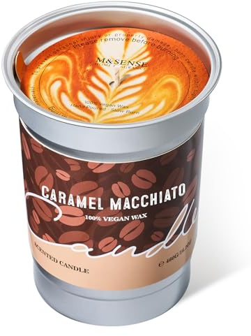 M&SENSE Caramelo Macchiato Velas Aromáticas 460g, Regalo de San Valentín y Cumpleaños, Decoracion Casa Aroma Dulce Vainilla, Velas Perfumadas de Soja Grandes en Lata de Aluminio 99h