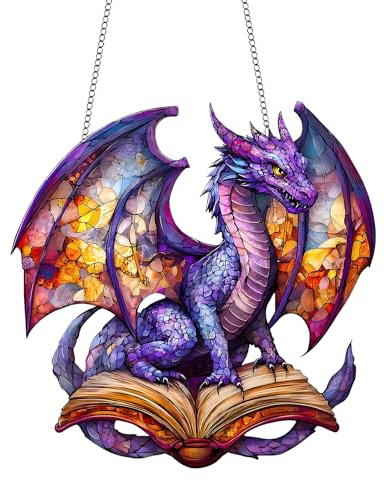 Dragon Dreamcatcher Suncatcher - Stained Glass Effect Window Hanging - Mystical Dragon Acrylic Ornament - Colourful Fantasy Sun Catchers for Windows Indoor Outdoor Garden Home Decor - Unique Gothic Gi