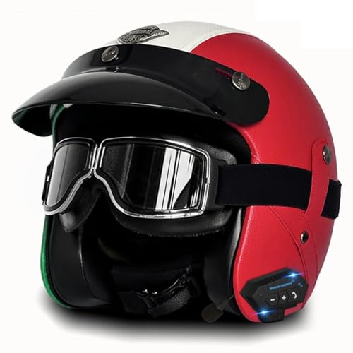 Bluetooth Jethelm Motorradhelm mit Schutzbrille Retro Bluetooth Leder Motorrad Halbhelme Herren Damen Roller-Helm ECEDOT-Zertifizierter für Cruiser Scooter-Helm Schutzhelm 27,XXL=63~64CM