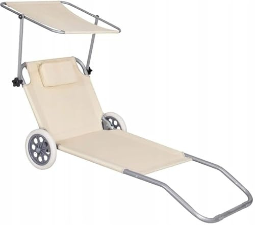 Universeller, Faltbarer Liegestuhl mit Rädern & Sonnendach – Verstellbare, komfortable Strandliege mit Kopfkissen – Perfekt für Familien, Garten, Strand & Picknick (Beige)