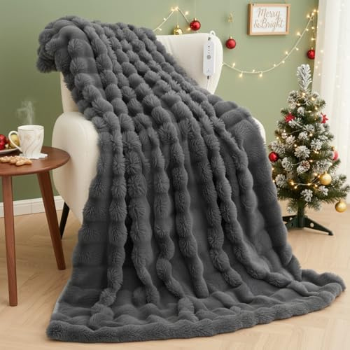 CURECURE Heated Blanket Electric Throw 130x180cm, Soft 3D Bubble Faux Rabbit Fur & Flannel, 4 Heat Settings & 10H Auto Off, Machine Washable Electric Blanket for Bed Sofa Office, Gray