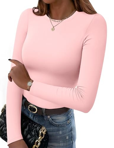 Hotouch T-Shirt Femme Manches Longues Élégant Col Rond Haut Basique Tee Shirt Thermique Ajustée Slim Tops Couleur Unie pour Hiver Automne Rose Clair XL