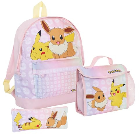 Mochila Pokémon para niña + bolsa de almuerzo + estuche de lápices de 3 piezas Pikachu y Evoli, rosa, large, Mochila