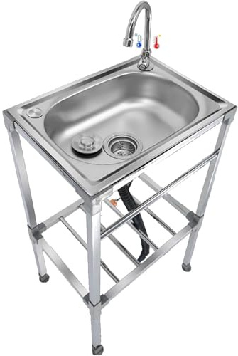 Lavello in Cucina Acciaio Inox Autoportante 1 Vasca Interno e Esterno Vasca singola Lavandino Commerciale con Supporto e Rubinetto,per Lavanderia/Ristorante/Campeggio/Giardino/Garage,Facile Da Pulir