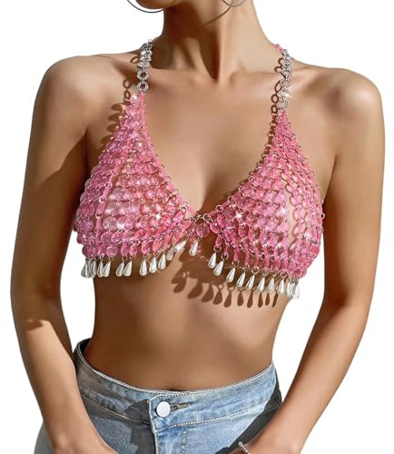 KJMWXOP Sexy Brustkette mit rosa Edelsteinperlen, Neckholder-Halsband, Körperkette, Brustkette, Nachtclub, Party, Strand, Rave-Top for Frauen