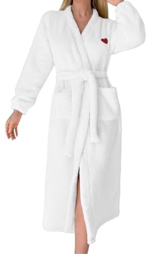 Generisch Peignoir pour femme avec motif cœur - Robe de bain d'hiver en éponge - Longue, chaude, douce et pelucheuse - Manches longues - Avec poches, Blanc., L
