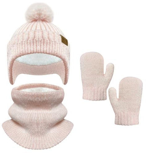Bseical Mütze Schal Handschuhe Set Mädchen, Wintermütze Kinder, Schal Mütze Kinder, Fäustlinge Baby, Fleecefutter Warme Knit für 2-8 Jahre (Rosa)