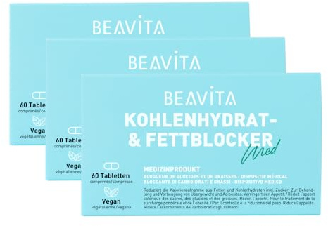 BEAVITA Kohlenhydrat & Fettblocker – Kombipräparat, vegan, zur Reduktion der Fett- und Kohlenhydrataufnahme, verringert das Hungergefühl, vegan, gelatinefrei, glutenfrei - 3x 60 Tabletten