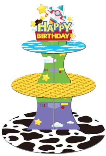 Fuwraixis Alzata per torte Cartoon Story, Torre di dolci a tre livelli cartone animato, Decorazione di torte a Tema Toy, Adatto per decorazioni di feste di compleanno per bambini e adulti