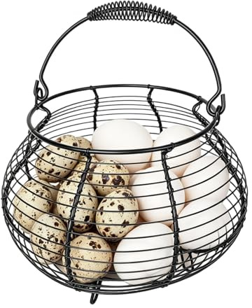 Chicken Egg Basket | Small Vintage Container - with Handle Wire Egg Basket | for Kitchen Picnic Farmhouse Garden Harvest Easter Christmas Fruit Vegetable