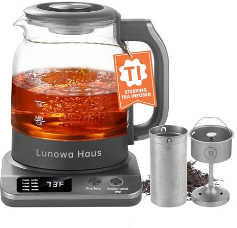 Pure Titanium Glass Healthy Electric Tea Maker & Kettle, Auto Shut Off, Steam Extraction, 11 Temp, 10 Concentration Levels, 2 Tea Infusers, 12H Auto Warm, 1.2L 600W, US Plug, BPA-Free, Easy to Clean