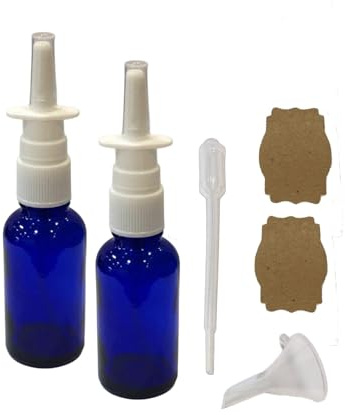 Nasal Spray Bottle Empty Amber Glass 1 oz Nasal Sprayer! EMPTY, Refillable, Travel Sized, Quality Glass for Saline Applications! (2 blue bottles)