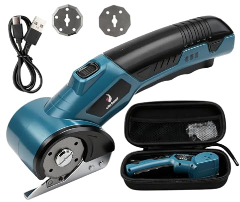 Kartonschneider Elektrisch mit 2 Klingen, Elektrische Schere 4,2V, Sicherheitssperre, LED-Licht, Kabellose Rollschneider Universalschneider für Papier Stoff Teppich Leder Filz Karton