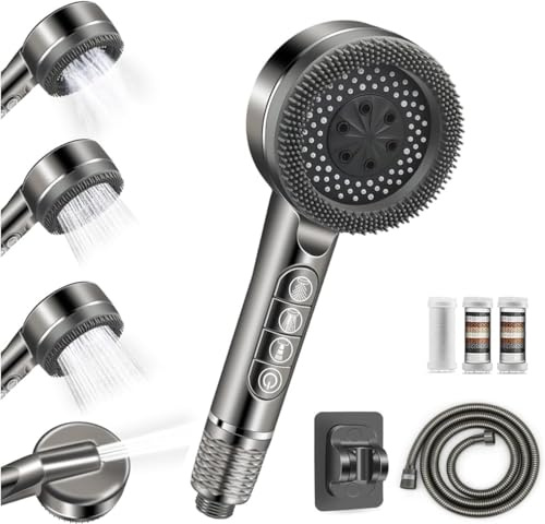 Hard Water Filter Shower Head, High Pressure Shower Heads with Hose and Shower Stand, 4 Mode Power Showerhead with Pause Switch, Handheld Massage Shower Filter for Residual Chlorine Removal (Grey)