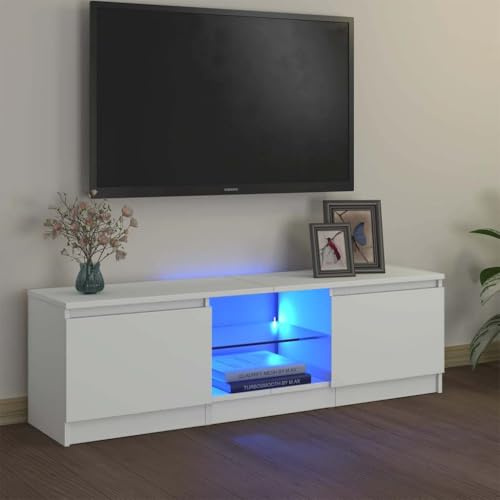 YNGBHFNOP Meuble TV Blanc Moderne avec Éclairage LED RGB, Meuble Télévision 120 cm en Bois et Verre Trempé pour Salon, Salle de Jeux, Support TV avec Rangement pour Console, Lecteur DVD et Appareils